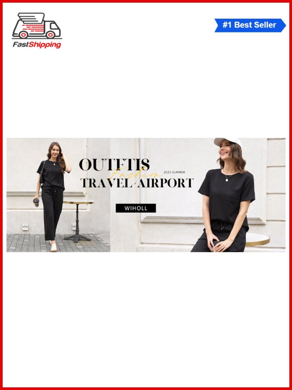 β¨WIHOLL 2 Piece Set Womens Short Sleeve Top Wide Leg Crop Pants Lounge Travel - Picture 6 of 6